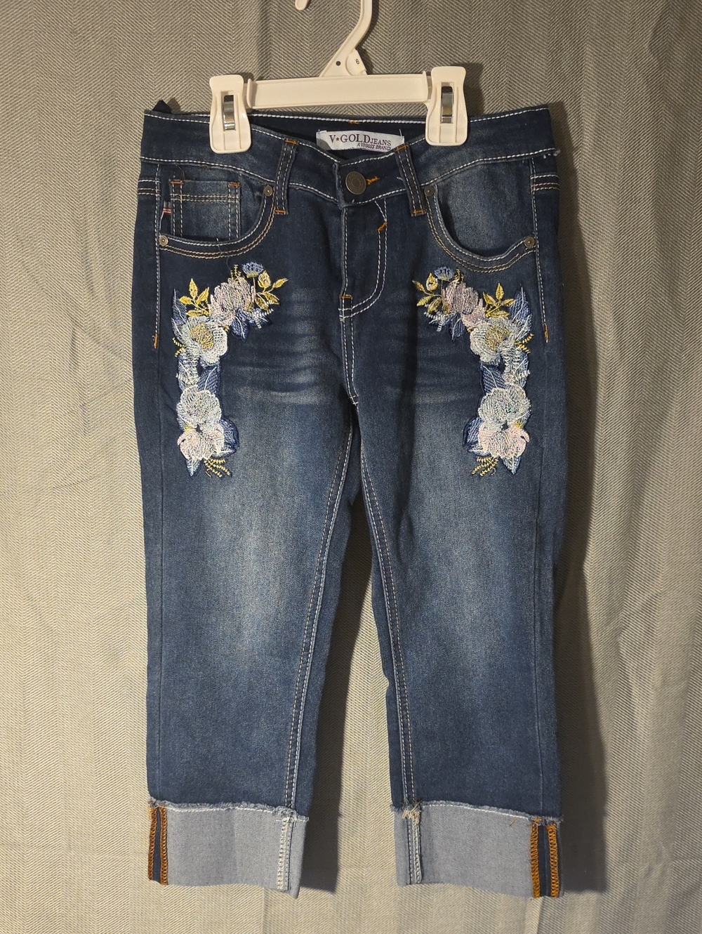 Girls Dark Blue Embroidered Capri Jeans by V·Gold